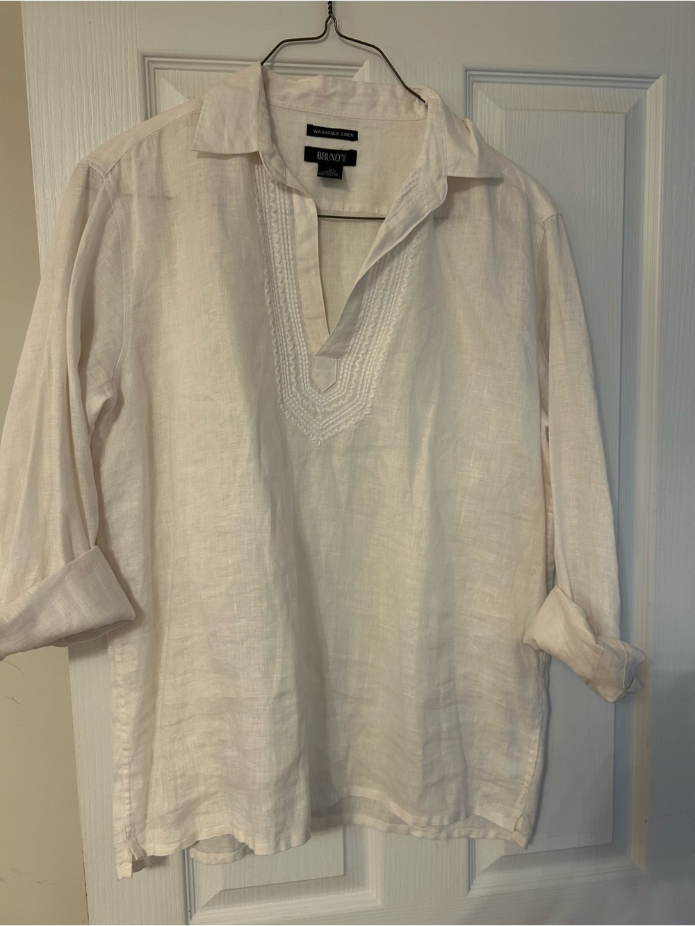 Brinley White Linen V-Neck Casual Button-Down Shirt for Men